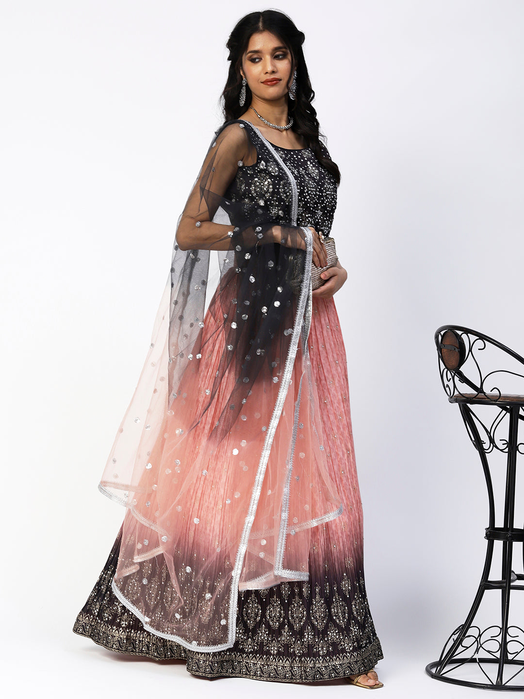 Pink-Black Georgette Lehenga With Embroidery - PepaBai