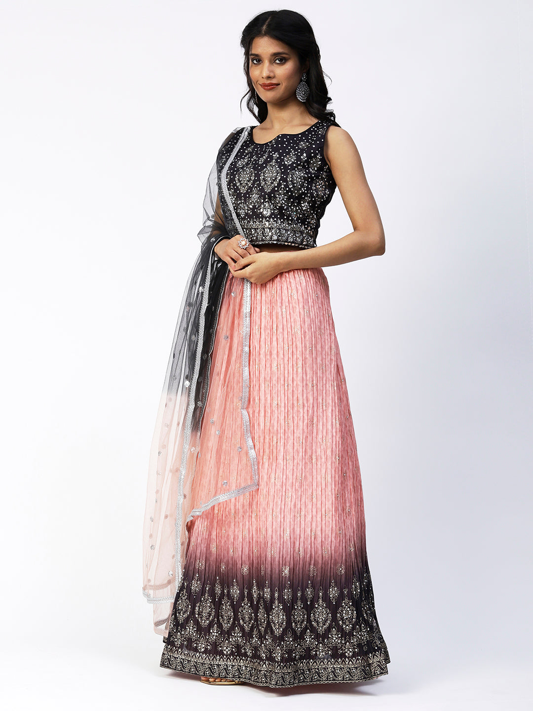 Pink-Black Georgette Lehenga With Embroidery - PepaBai