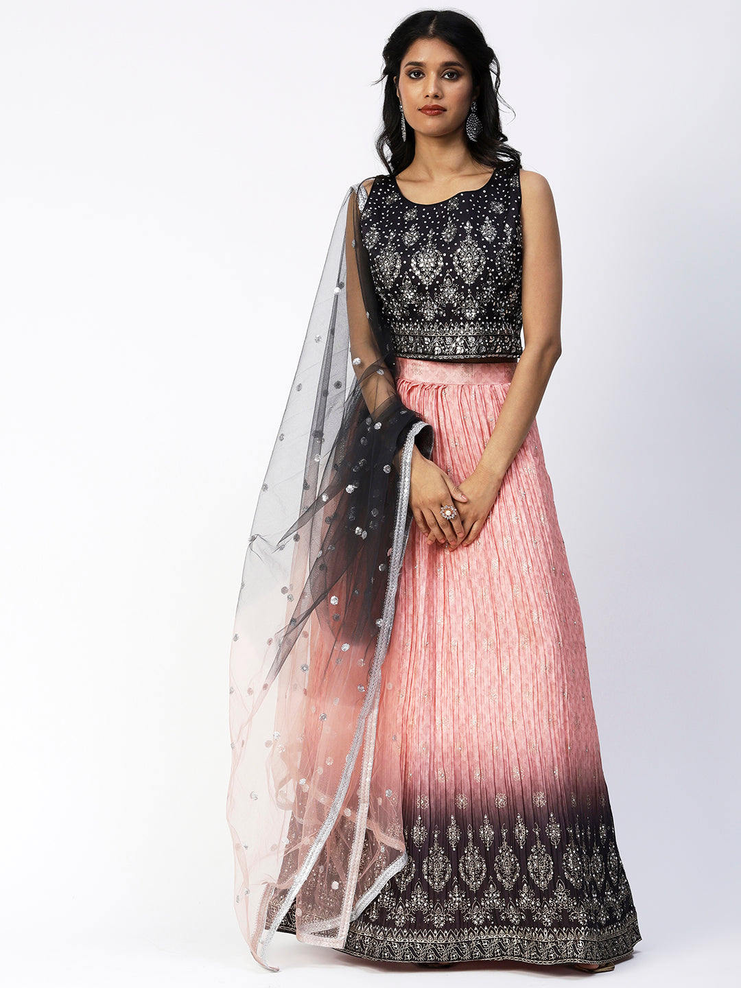 Pink-Black Georgette Lehenga With Embroidery - PepaBai