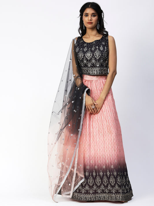 Pink-Black Georgette Lehenga With Embroidery - PepaBai