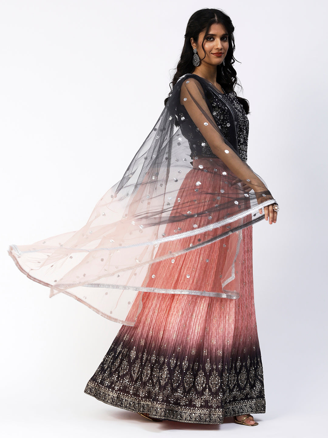 Pink-Black Georgette Lehenga With Embroidery - PepaBai