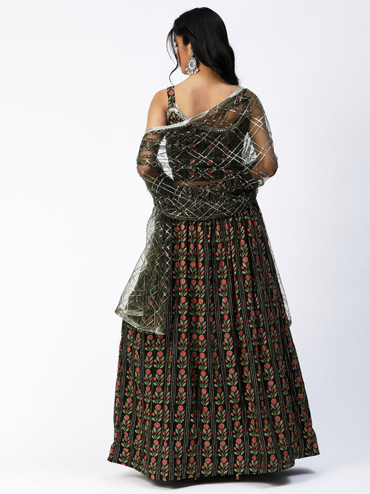 Black Georgette Printed Lehenga - PepaBai