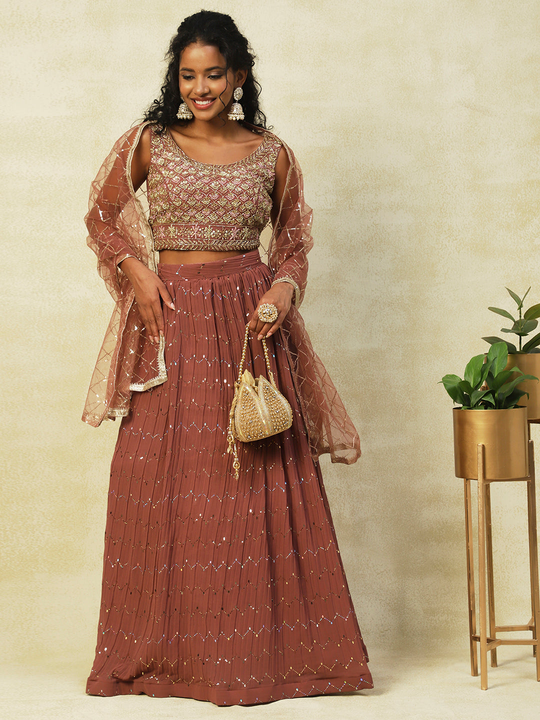 Brown Georgette Lehenga With Embroidery - PepaBai