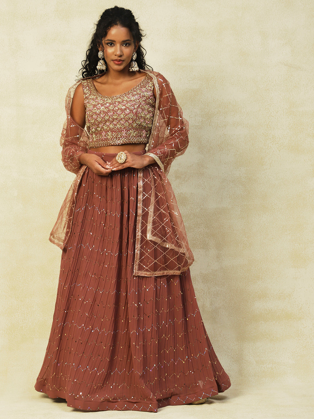 Brown Georgette Lehenga With Embroidery - PepaBai