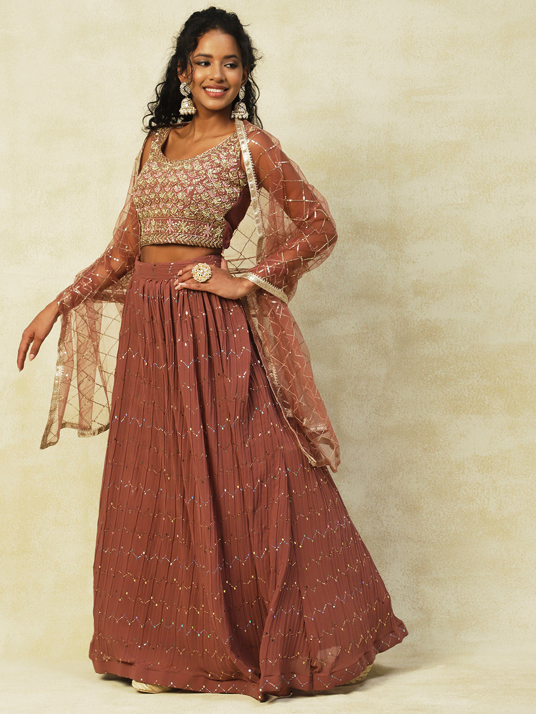 Brown Georgette Lehenga With Embroidery - PepaBai