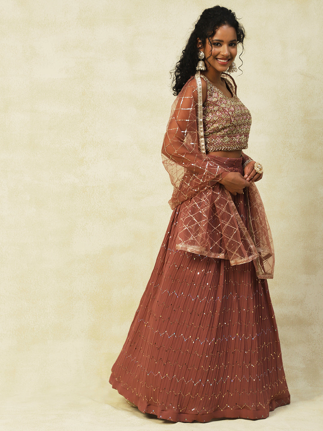 Brown Georgette Lehenga With Embroidery - PepaBai