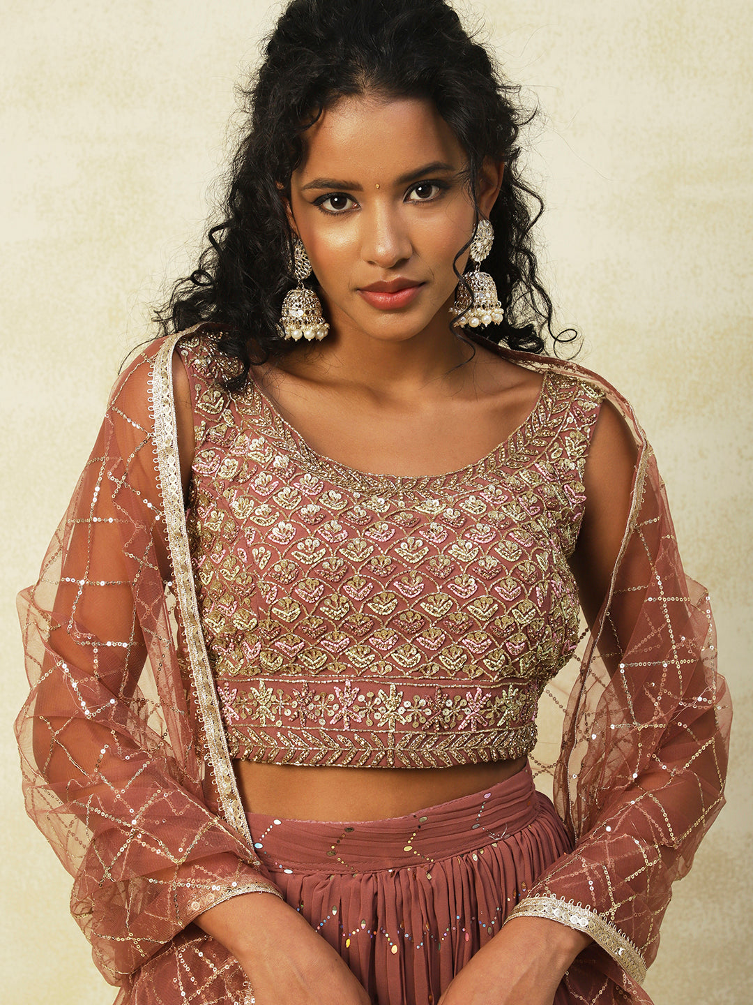 Brown Georgette Lehenga With Embroidery - PepaBai