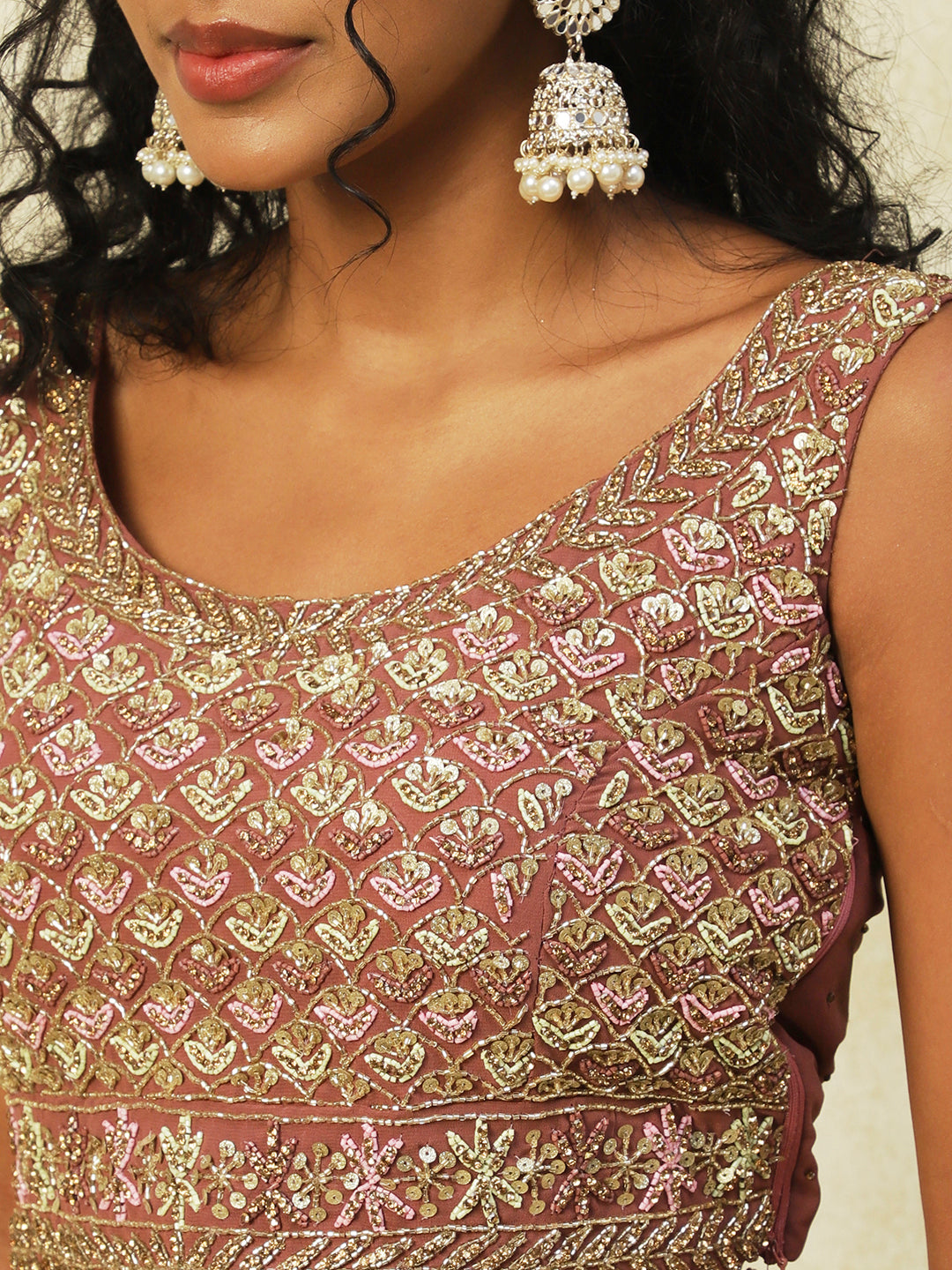 Brown Georgette Lehenga With Embroidery - PepaBai