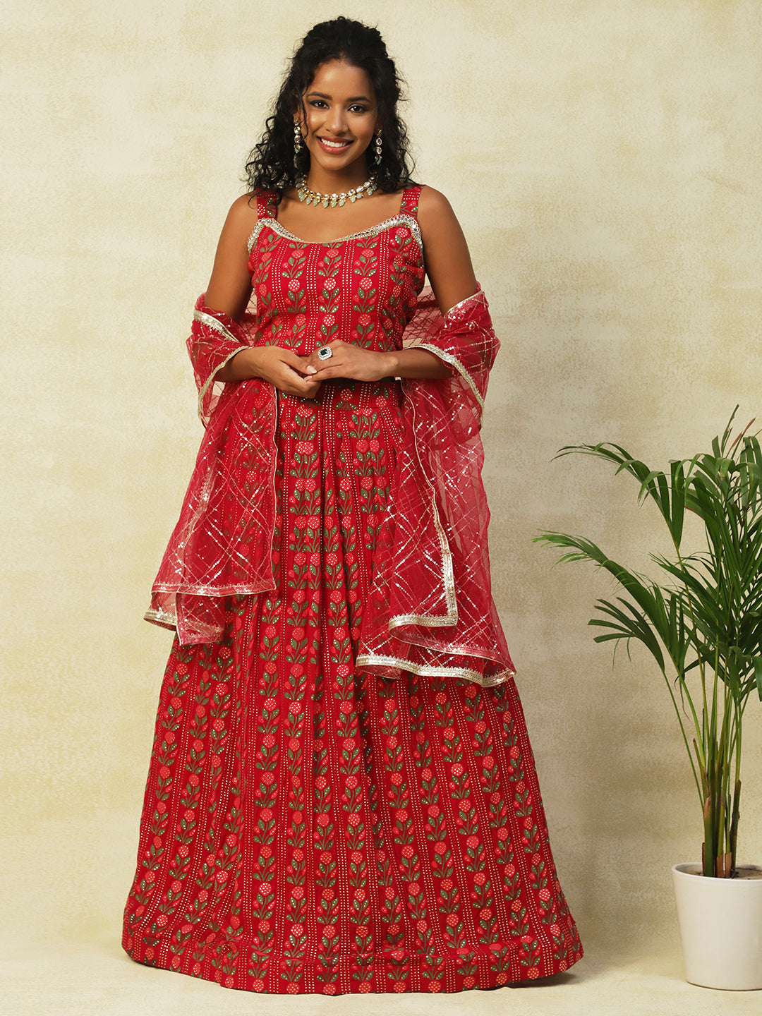 Red Georgette Printed Lehenga - PepaBai