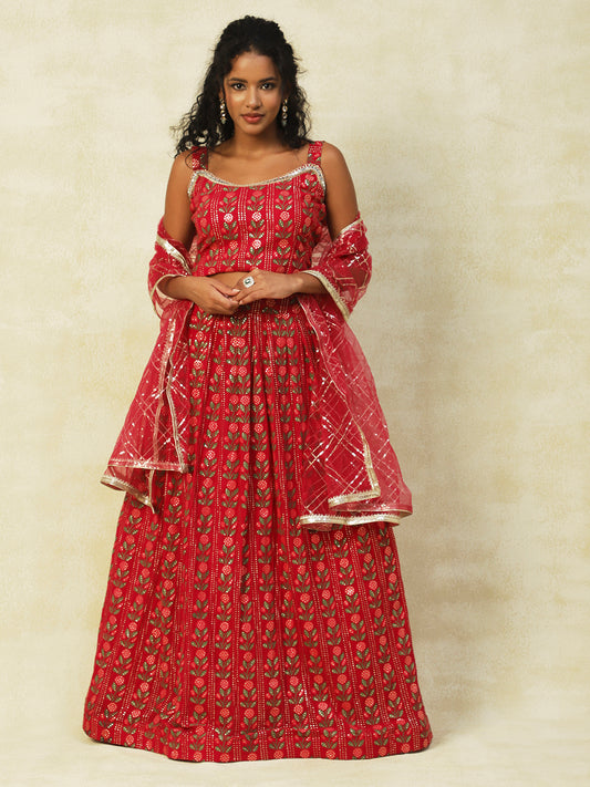 Red Georgette Printed Lehenga - PepaBai