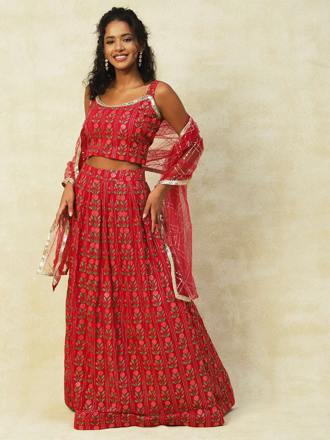 Red Georgette Printed Lehenga - PepaBai