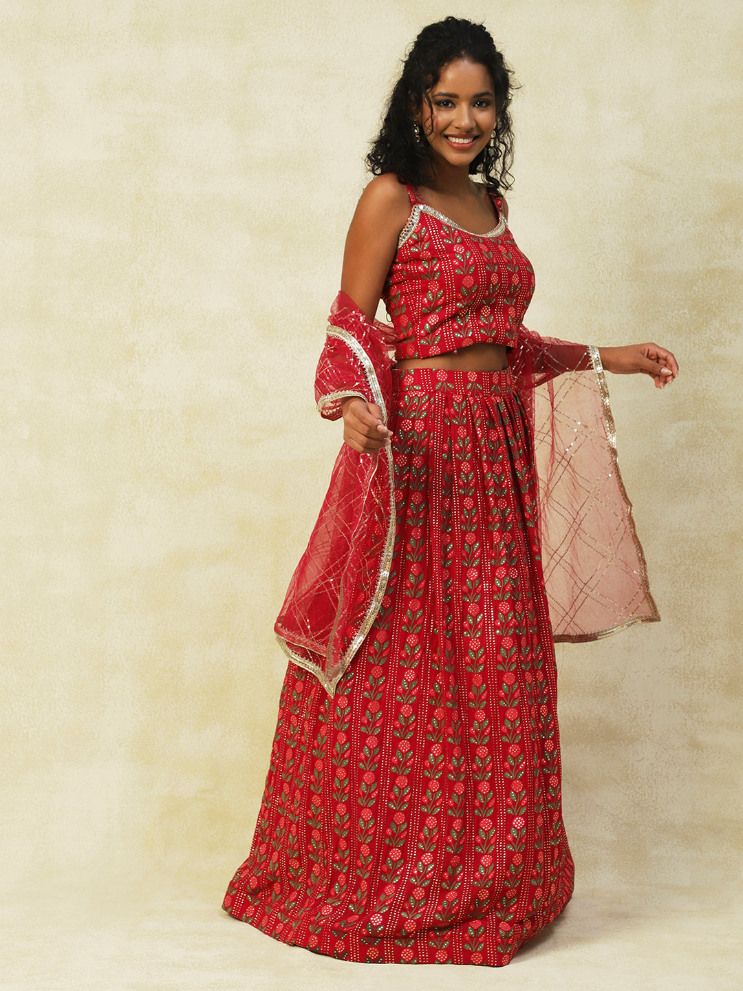 Red Georgette Printed Lehenga - PepaBai