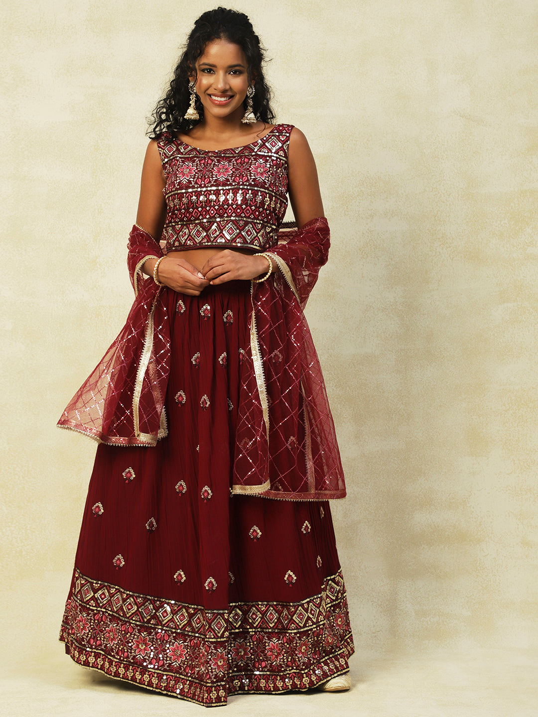 Georgette Lehenga in Rich Wine Color with Beautiful Embroidery Work - PepaBai
