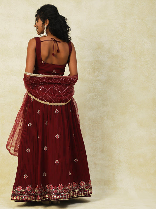 Georgette Lehenga in Rich Wine Color with Beautiful Embroidery Work - PepaBai