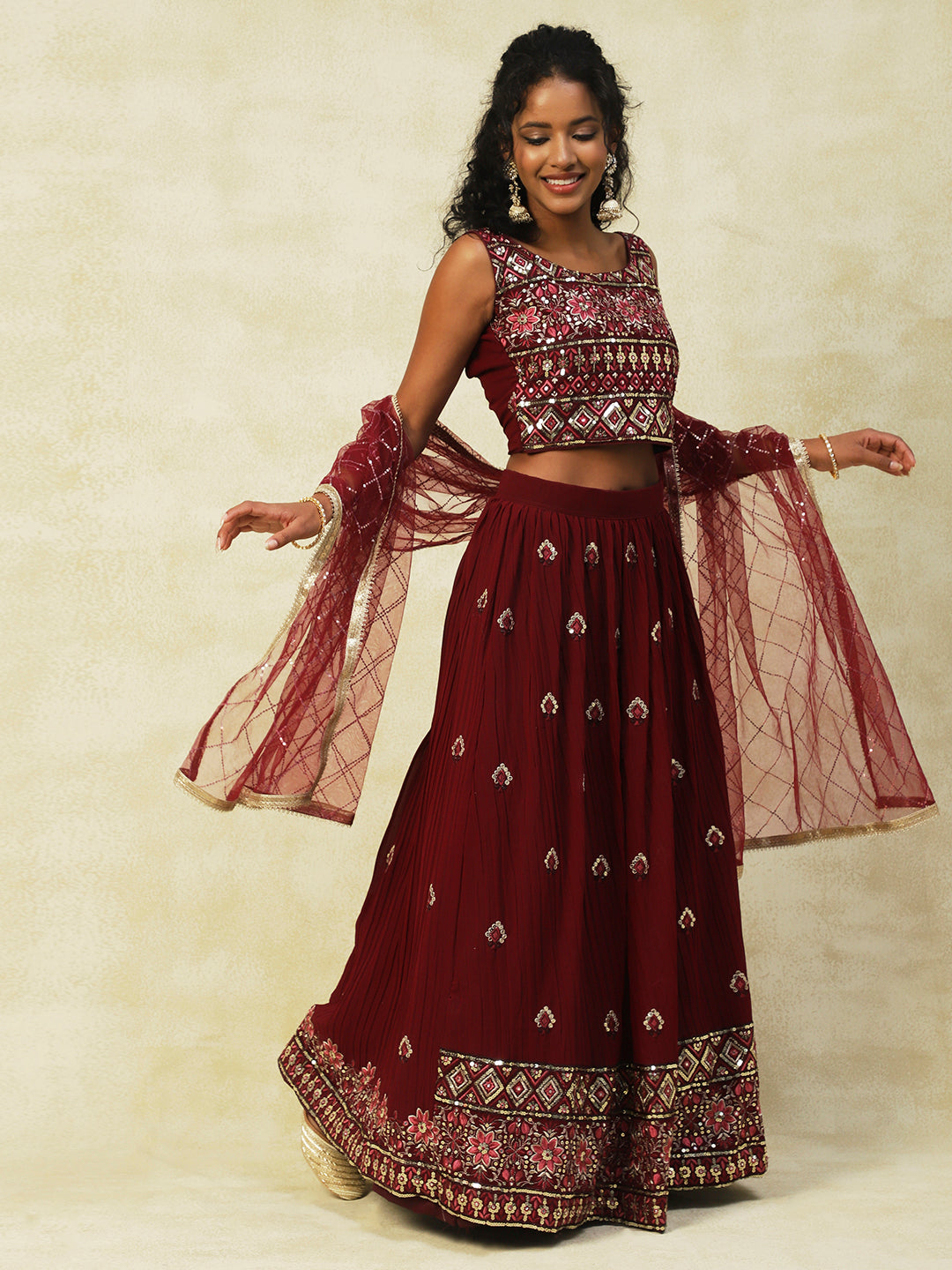 Georgette Lehenga in Rich Wine Color with Beautiful Embroidery Work - PepaBai