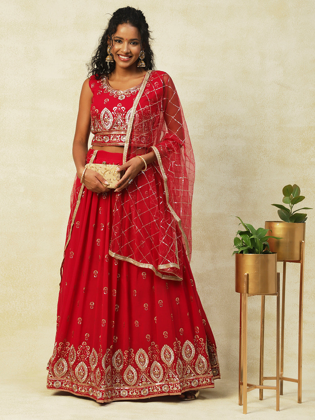 Red Georgette Lehenga With Embroidery - PepaBai