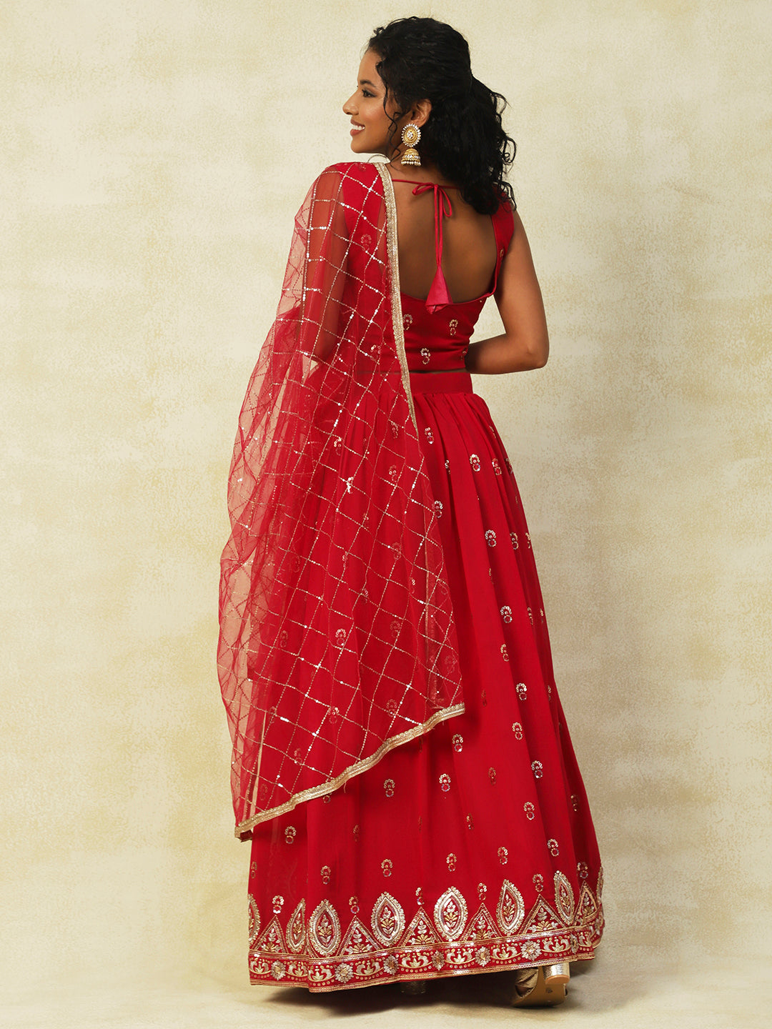 Red Georgette Lehenga With Embroidery - PepaBai