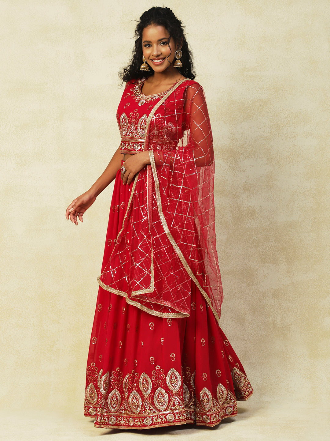 Red Georgette Lehenga With Embroidery - PepaBai