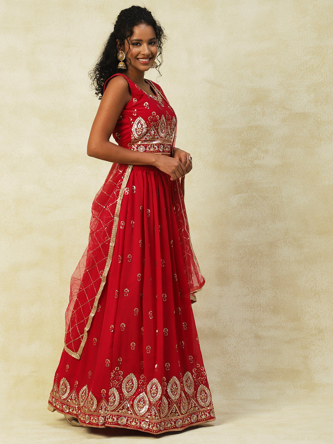 Red Georgette Lehenga With Embroidery - PepaBai