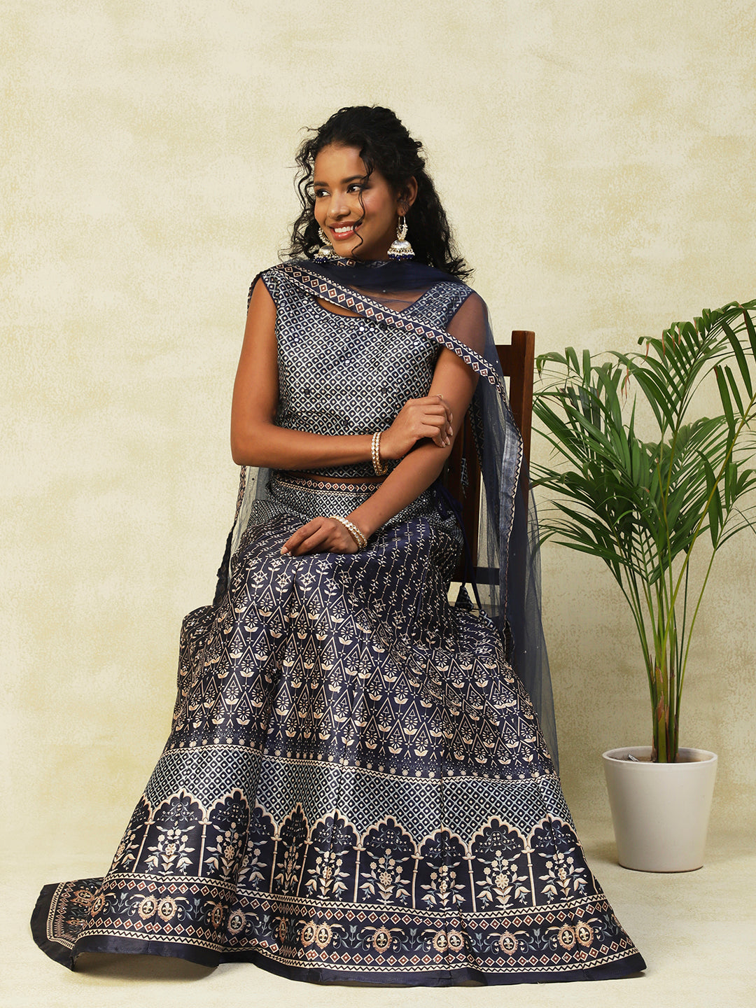 Navy Blue Silk Lehenga With Embroidery - PepaBai