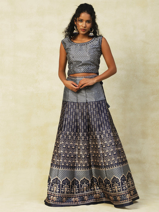 Navy Blue Silk Lehenga With Embroidery - PepaBai