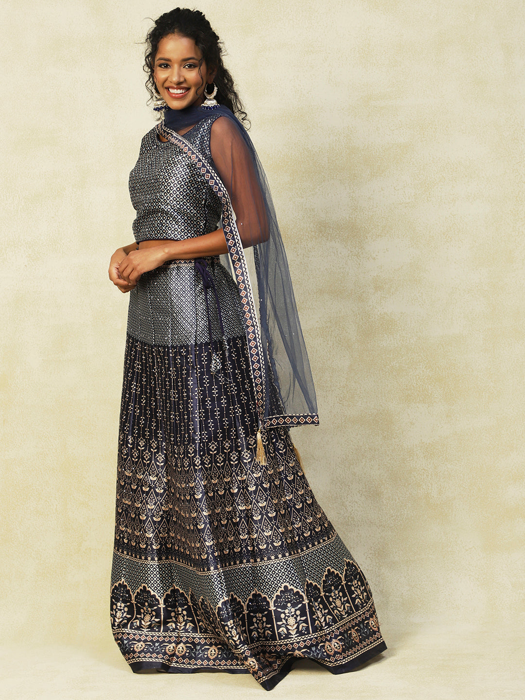 Navy Blue Silk Lehenga With Embroidery - PepaBai