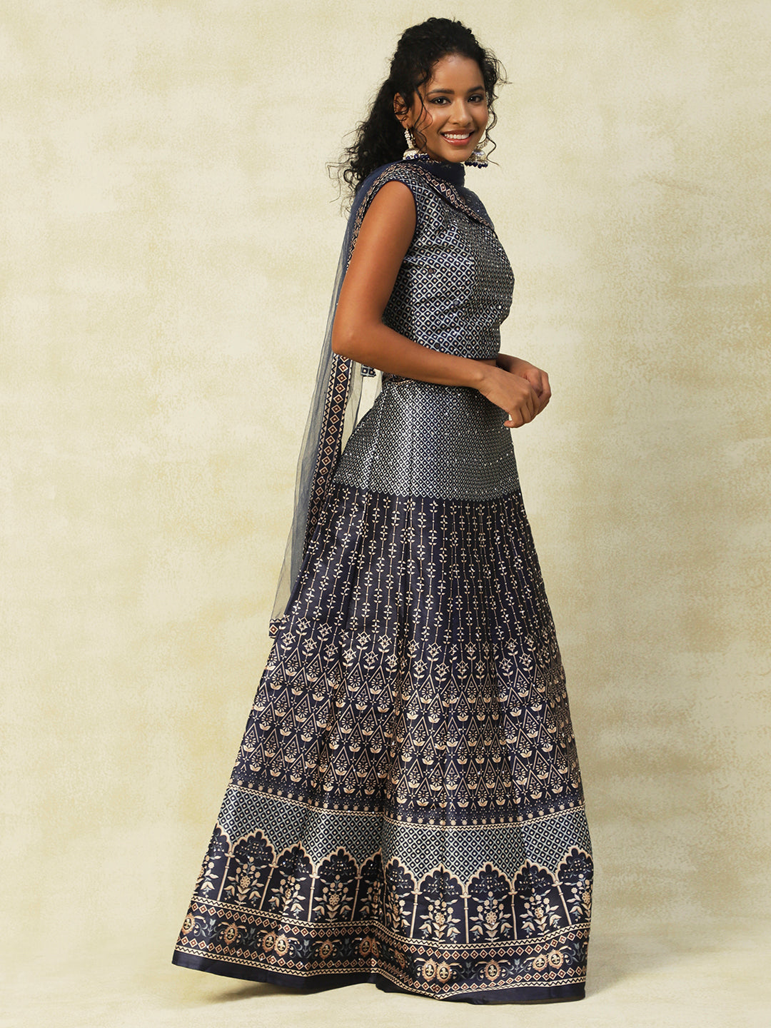 Navy Blue Silk Lehenga With Embroidery - PepaBai