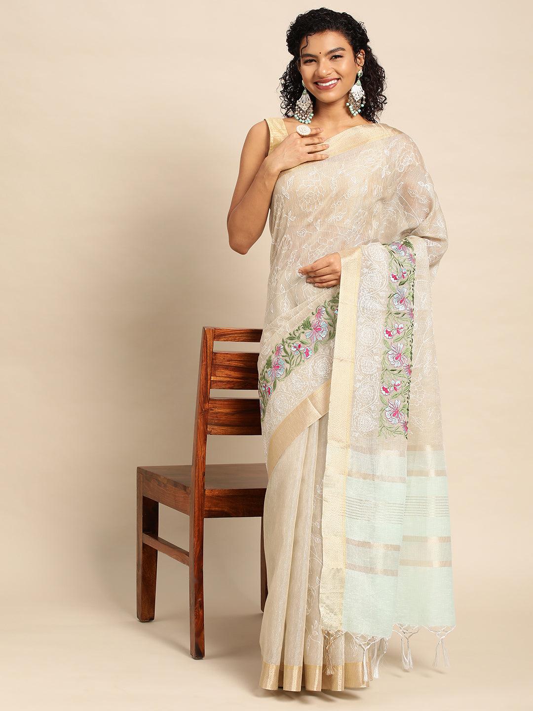 Beige Tissue Saree With Embroidery Work with Blouse Piece - PepaBai