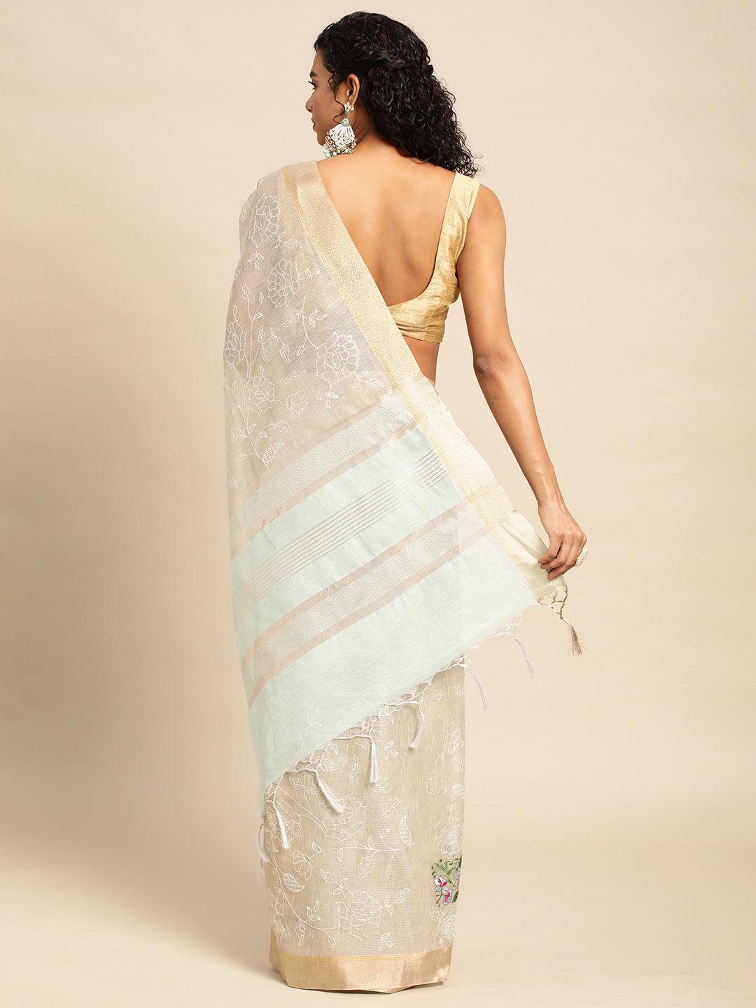 Beige Tissue Saree With Embroidery Work with Blouse Piece - PepaBai