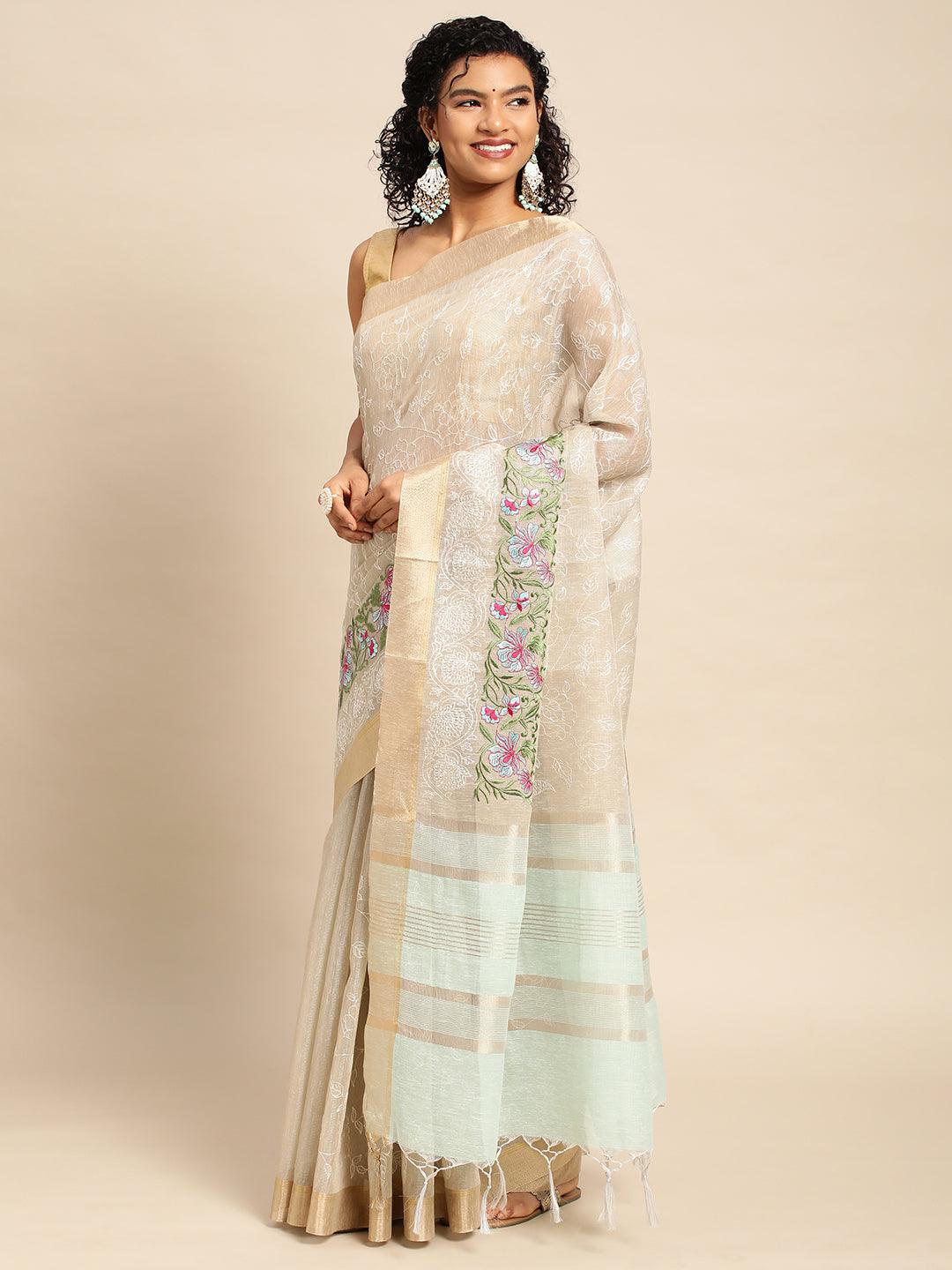 Beige Tissue Saree With Embroidery Work with Blouse Piece - PepaBai