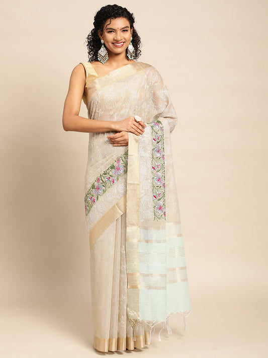 Beige Tissue Saree With Embroidery Work with Blouse Piece - PepaBai