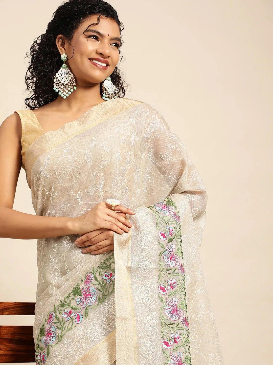 Beige Tissue Saree With Embroidery Work with Blouse Piece - PepaBai