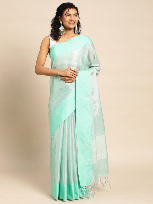 Sea Green Plain Tissue Saree With Embroidery Work with Blouse Piece - PepaBai