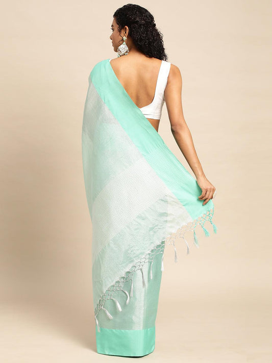 Sea Green Plain Tissue Saree With Embroidery Work with Blouse Piece - PepaBai