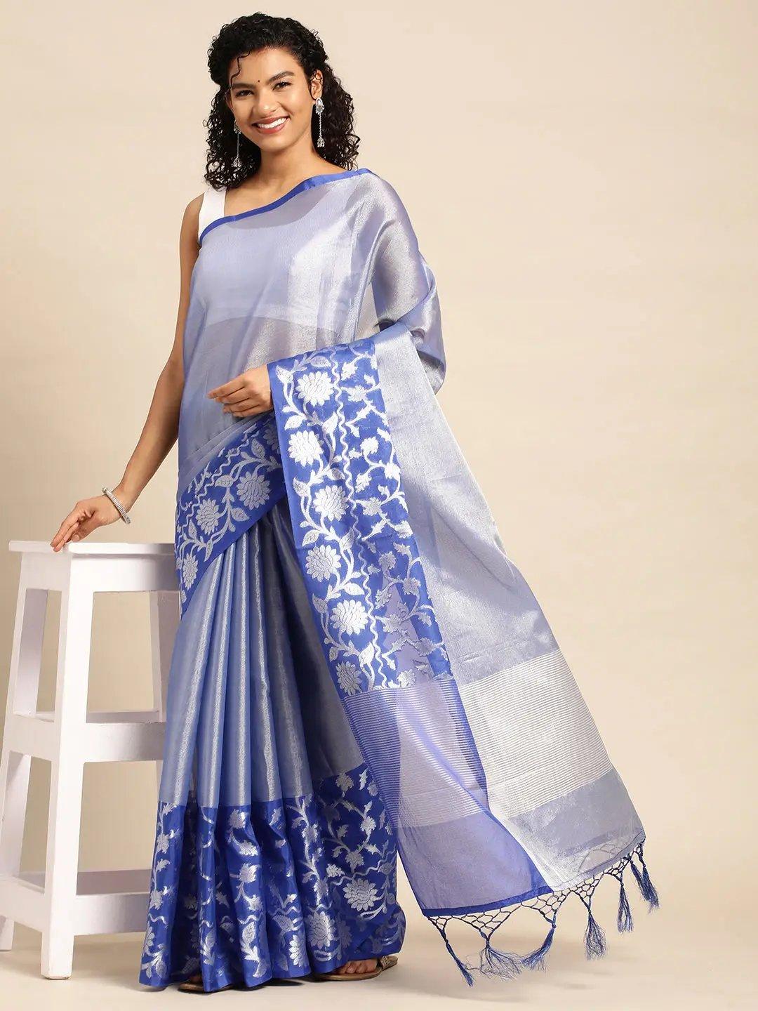 Blue Tissue Saree With Embroidery Work with Blouse Piece - PepaBai