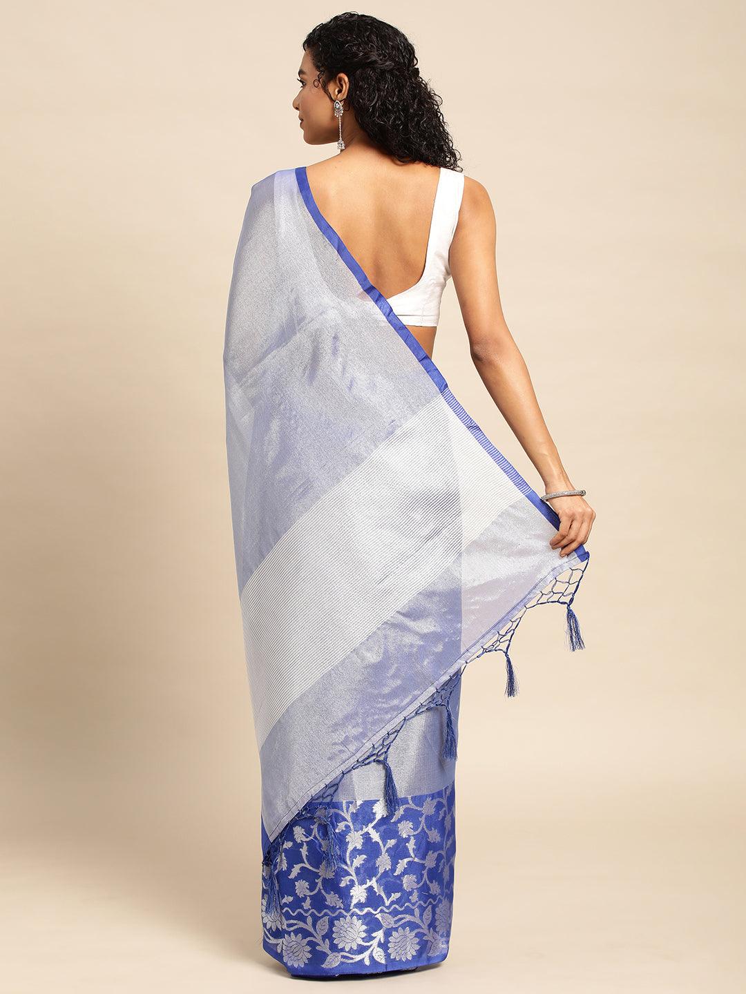 Blue Tissue Saree With Embroidery Work with Blouse Piece - PepaBai