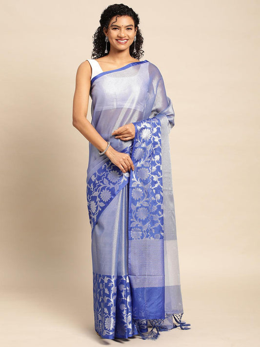 Blue Tissue Saree With Embroidery Work with Blouse Piece - PepaBai