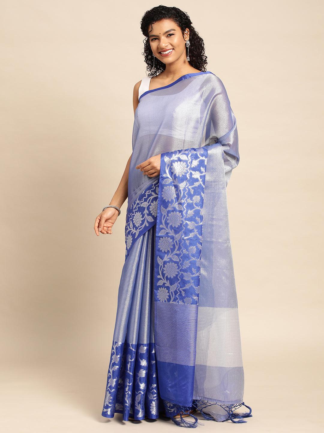 Blue Tissue Saree With Embroidery Work with Blouse Piece - PepaBai