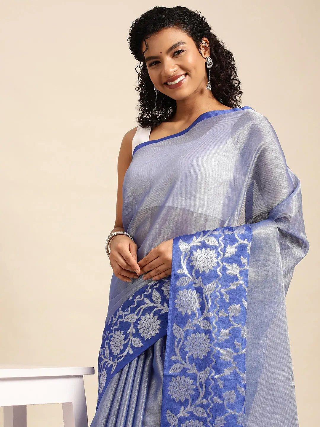 Blue Tissue Saree With Embroidery Work with Blouse Piece - PepaBai