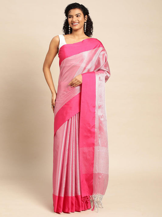 Pink-Red Plain Tissue Saree With Embroidery Work with Blouse Piece - PepaBai