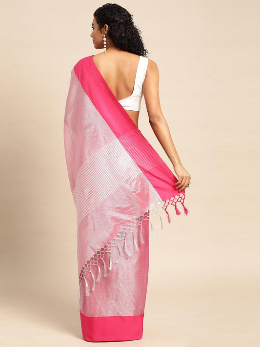 Pink-Red Plain Tissue Saree With Embroidery Work with Blouse Piece - PepaBai