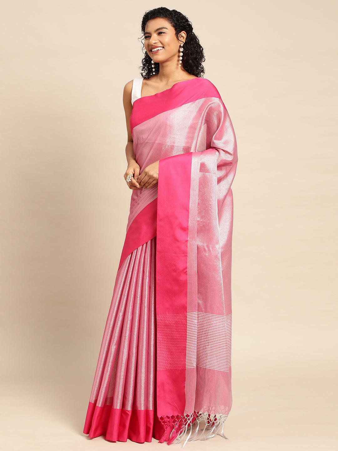 Pink-Red Plain Tissue Saree With Embroidery Work with Blouse Piece - PepaBai