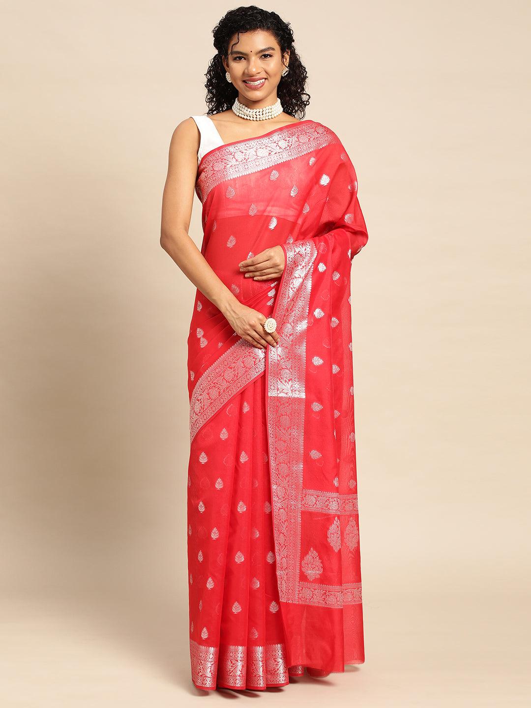 Red Soft Silk Saree With Embroidery Work with Blouse Piece - PepaBai