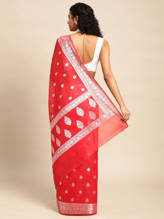 Red Soft Silk Saree With Embroidery Work with Blouse Piece - PepaBai