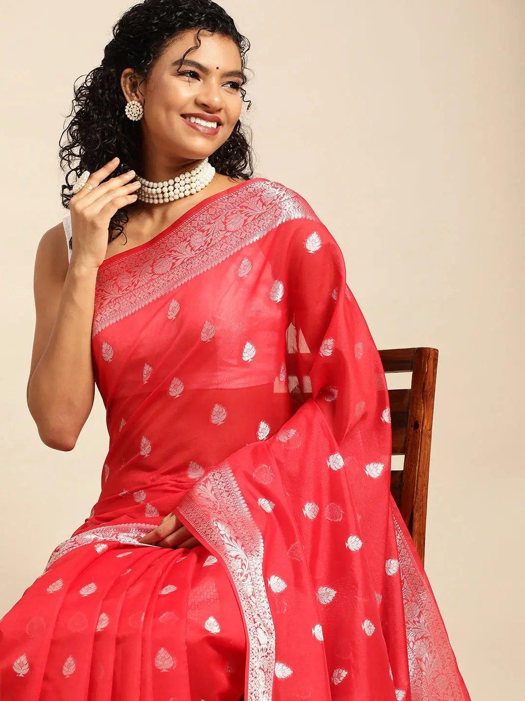 Red Soft Silk Saree With Embroidery Work with Blouse Piece - PepaBai