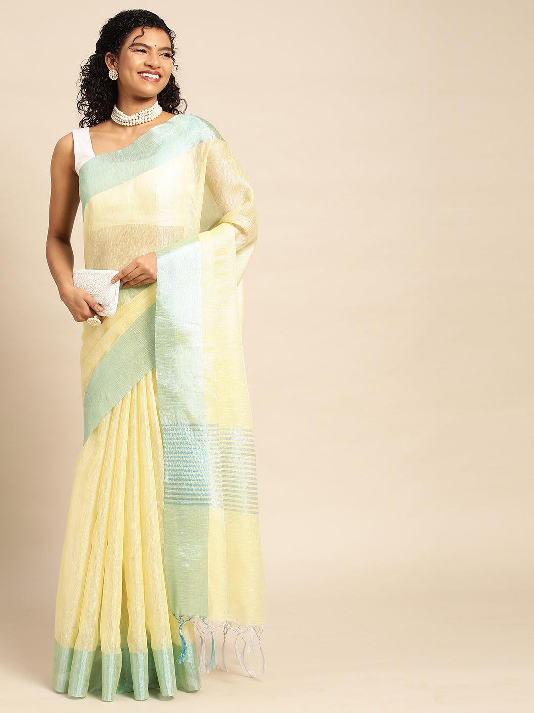 Yellow Plain Tissue Saree With Embroidery Work with Blouse Piece - PepaBai