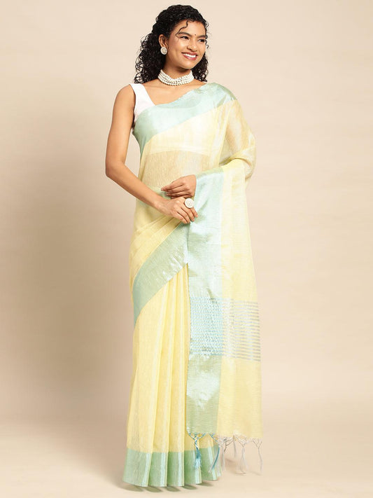 Yellow Plain Tissue Saree With Embroidery Work with Blouse Piece - PepaBai