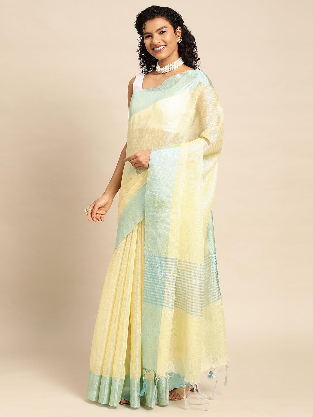 Yellow Plain Tissue Saree With Embroidery Work with Blouse Piece - PepaBai