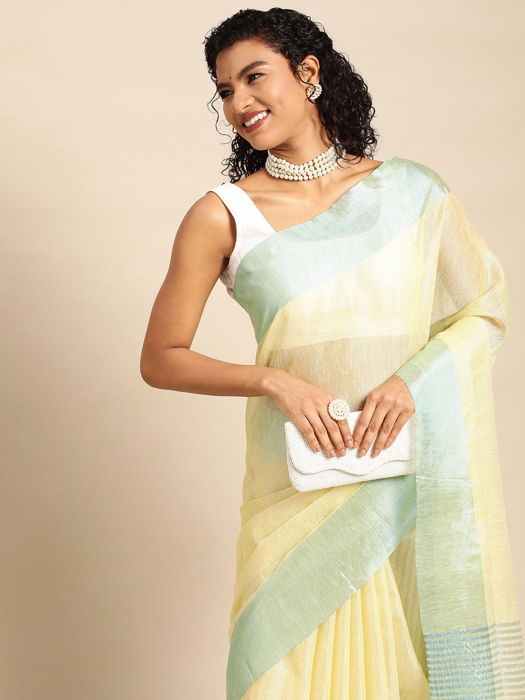 Yellow Plain Tissue Saree With Embroidery Work with Blouse Piece - PepaBai