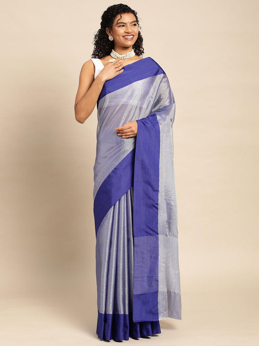 Blue Plain Tissue Saree With Embroidery Work with Blouse Piece - PepaBai